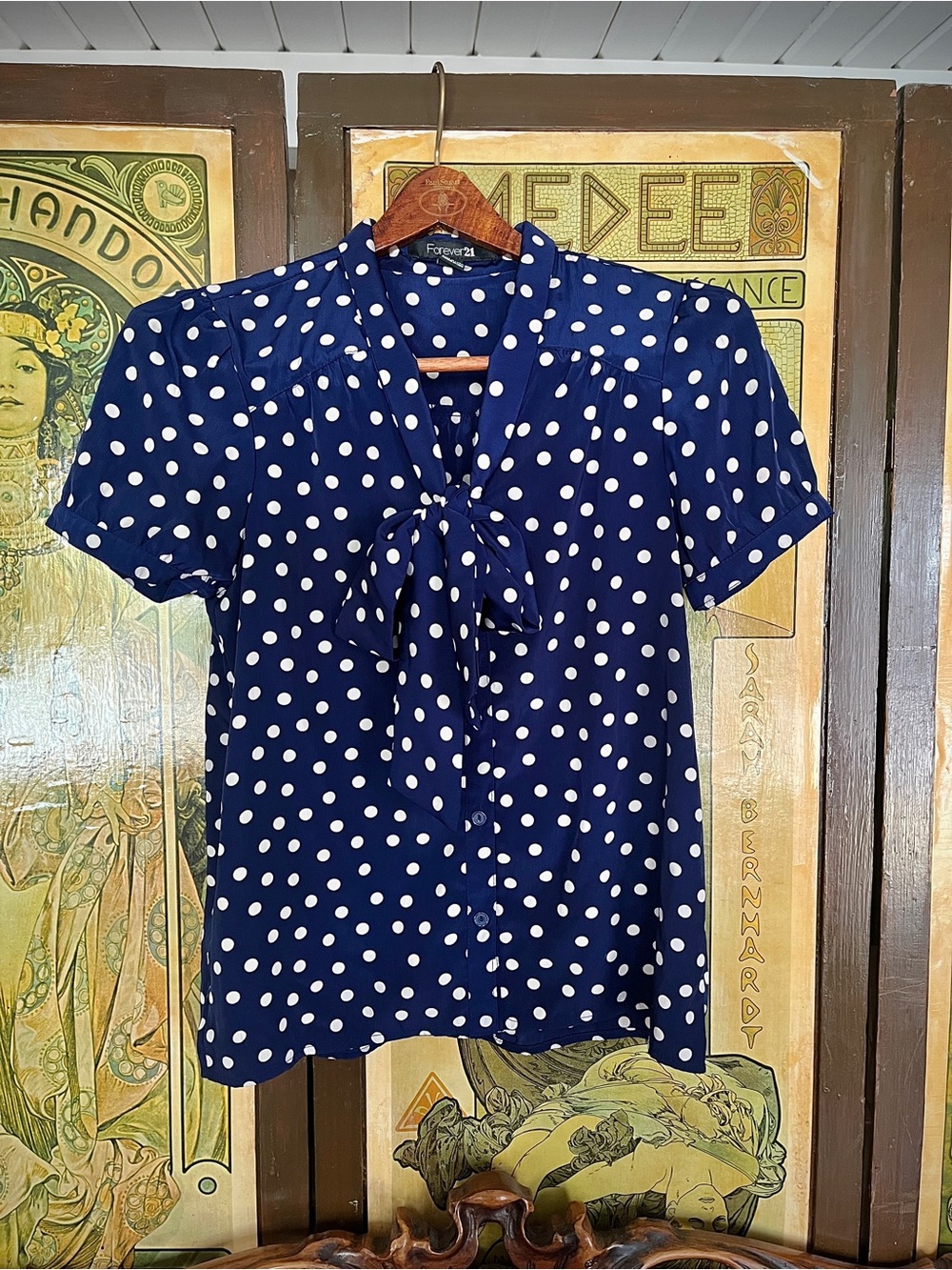 Vintage Y2K Forever 21 Navy Polka Dot Tie-Neck Sexy Librarian Blouse (Med)